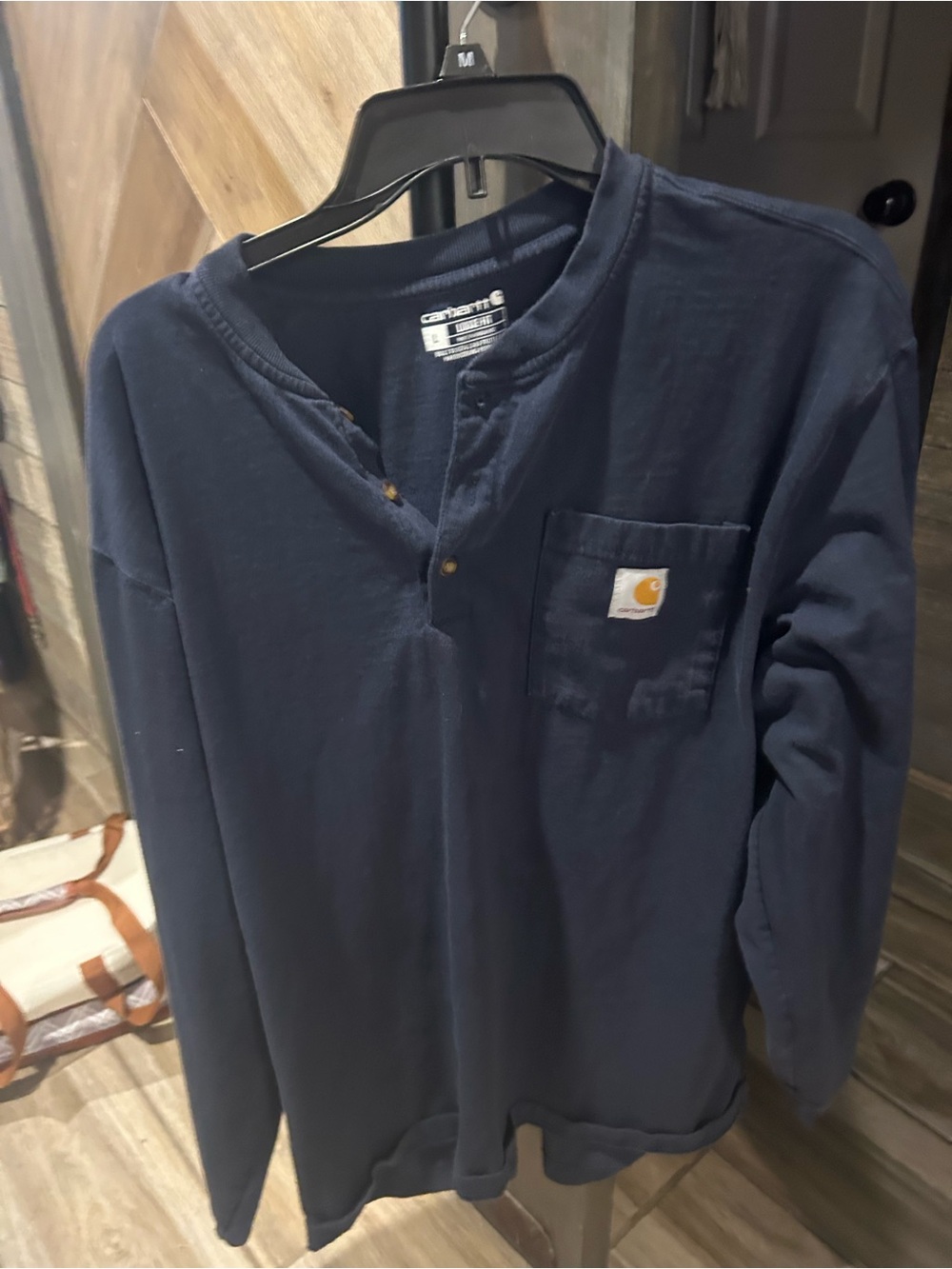 Carhartt Navy Long-Sleeve Henley with Pocket Logo